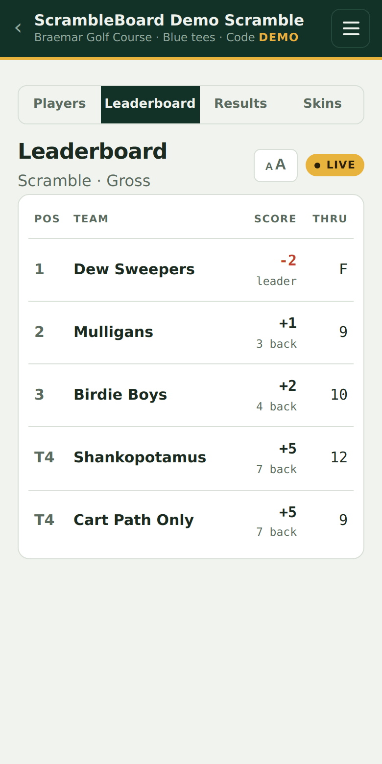 The live scramble leaderboard on a phone