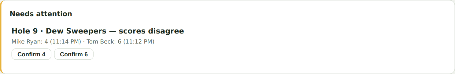 A score dispute flagged in the control room with one-tap confirms
