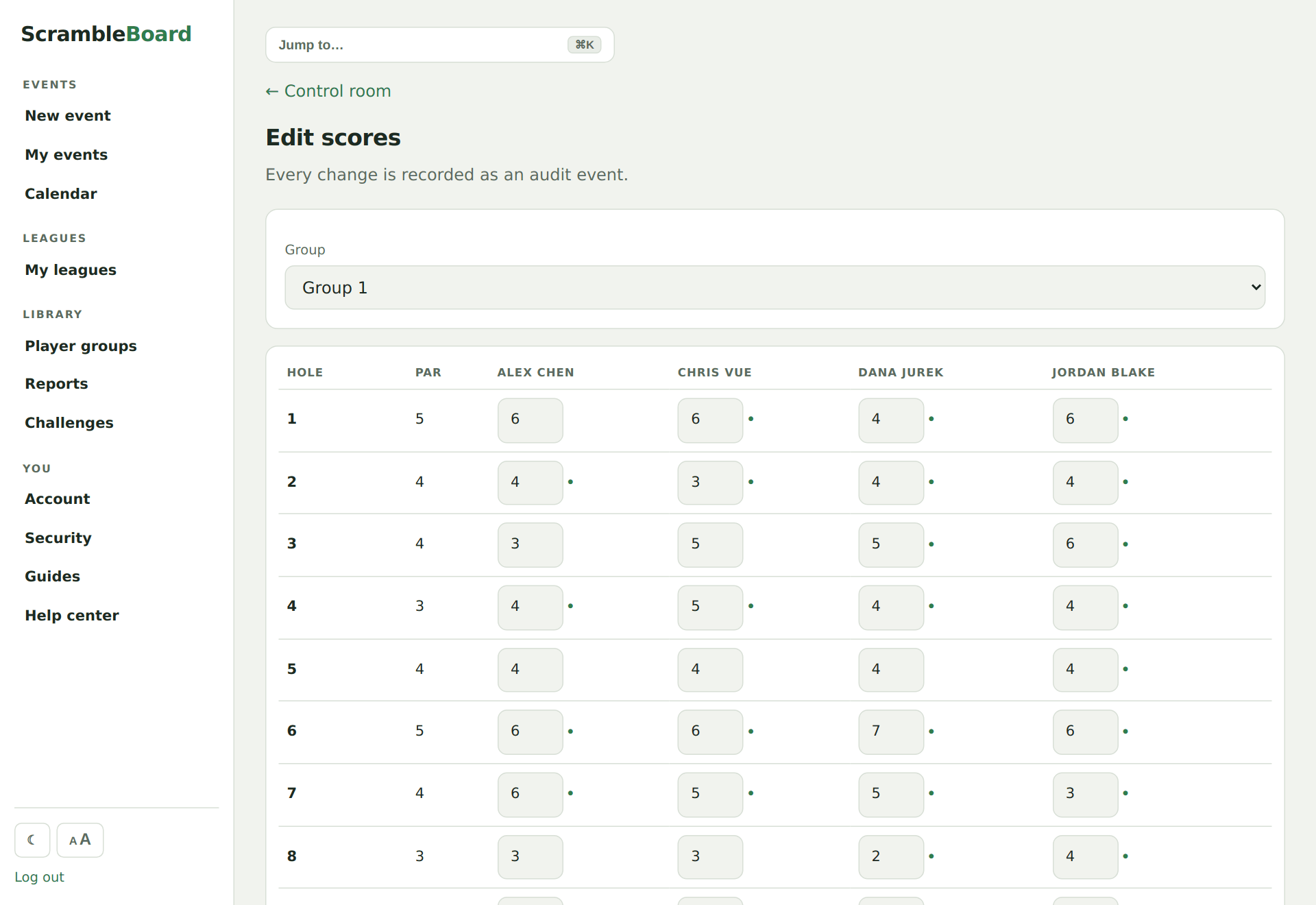 The organizer's edit-scores card