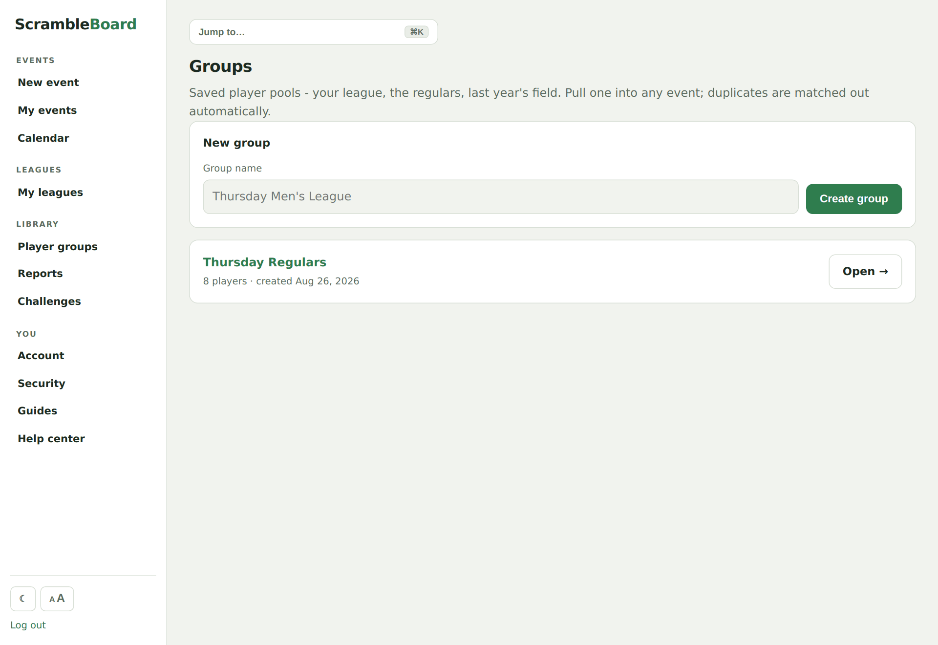The Groups page with a saved player pool