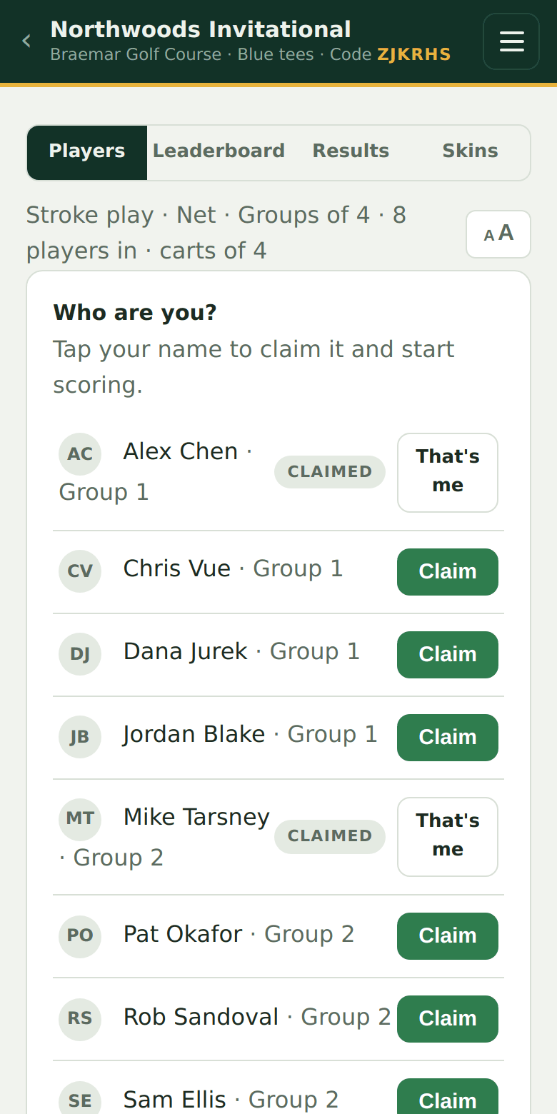 The join page: tap your name to claim it