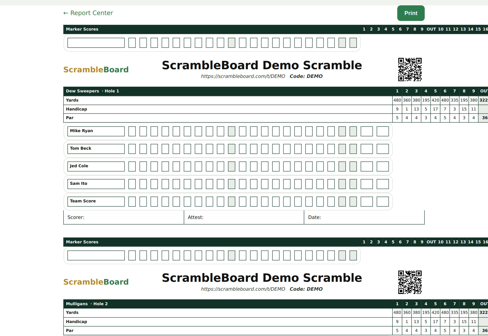 A printable tournament scorecard