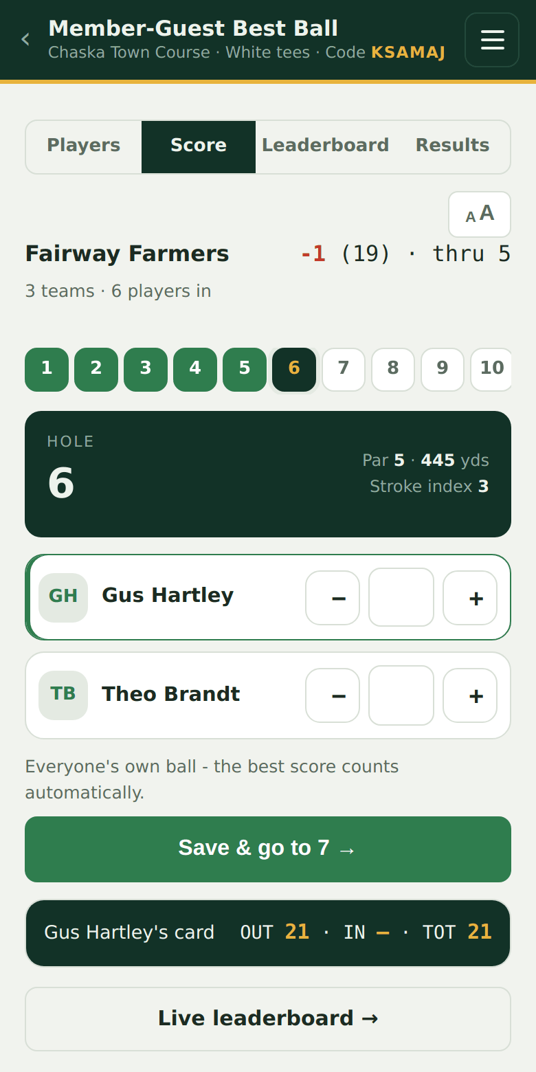 Best ball hole view: one score per teammate