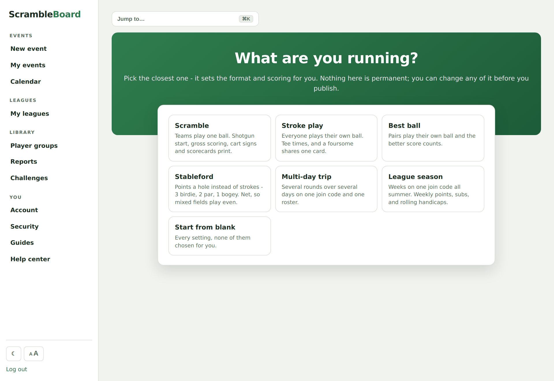The wizard - course dropdown and the per-course tee panel