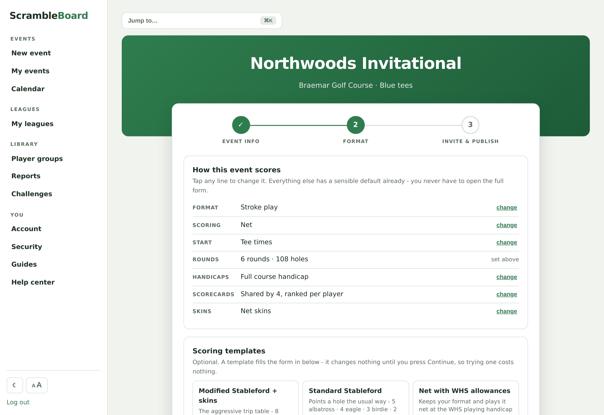 Wizard step 2: format, scoring, groups, and day-of options
