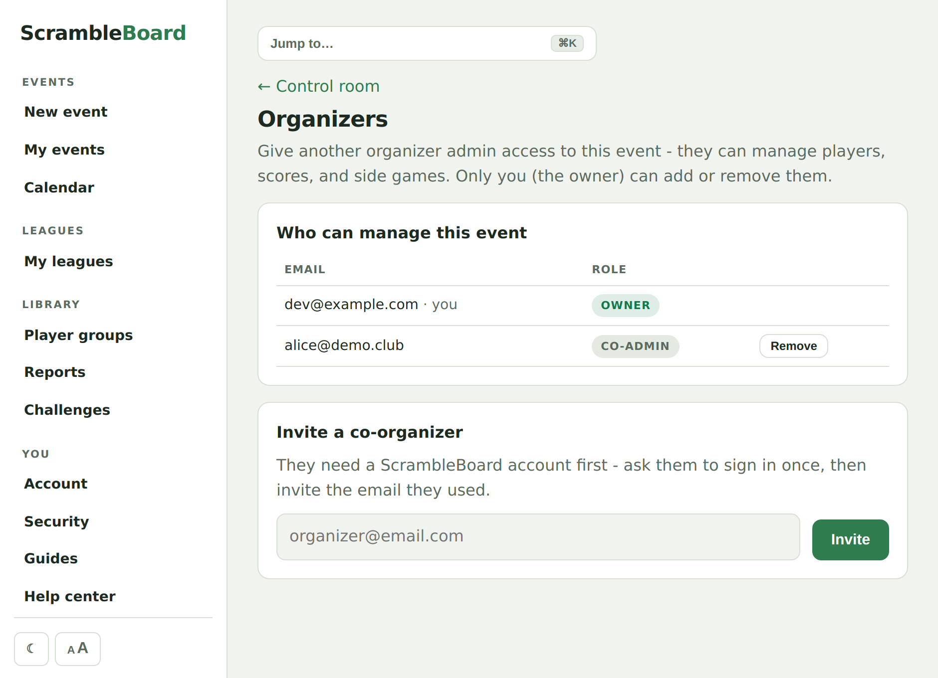 The Organizers page - invite a co-organizer by email